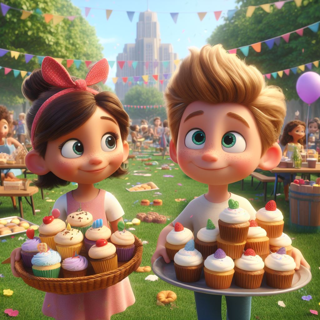 lilly and ben two friends bringing cupcakes in a park. The park is holding a big event sweet treats festival where others also brought their dessert