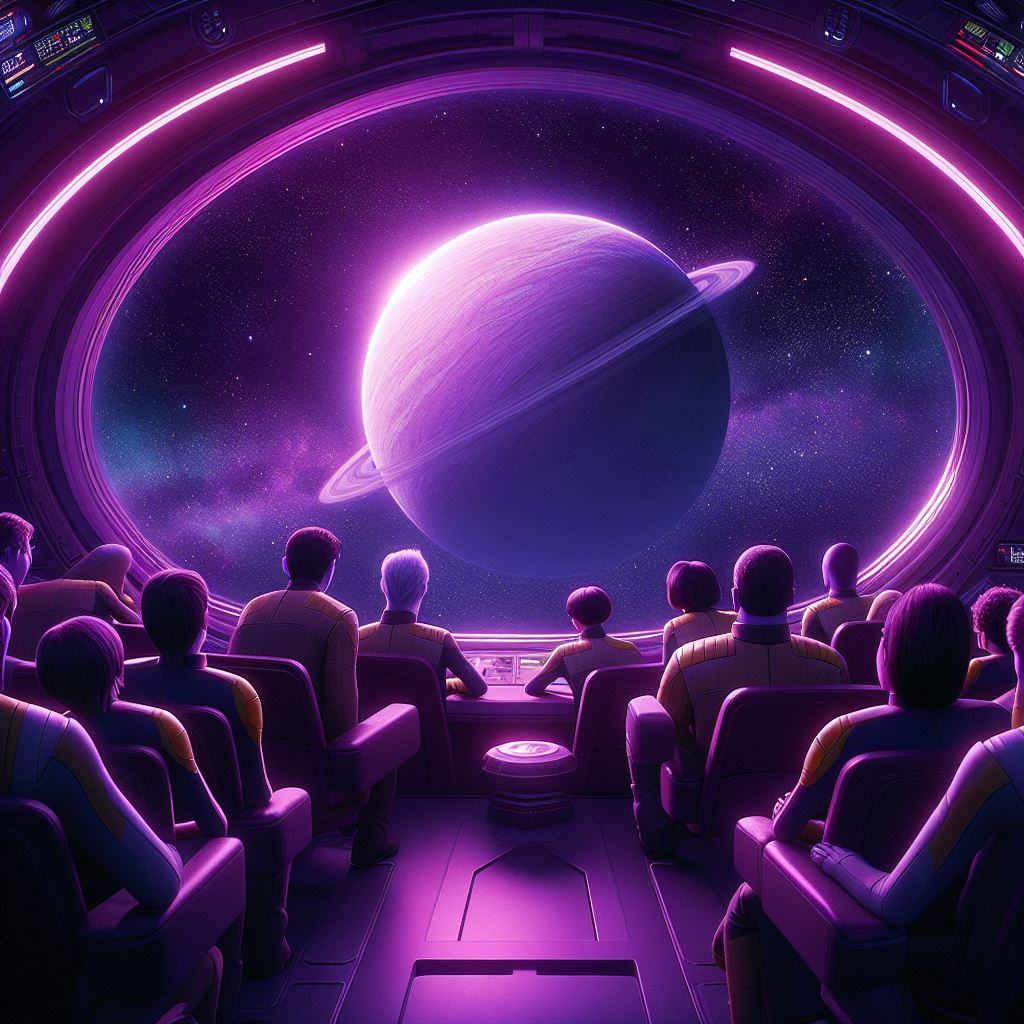 voyager group watching a planet from their spaceship window, the planet is purple