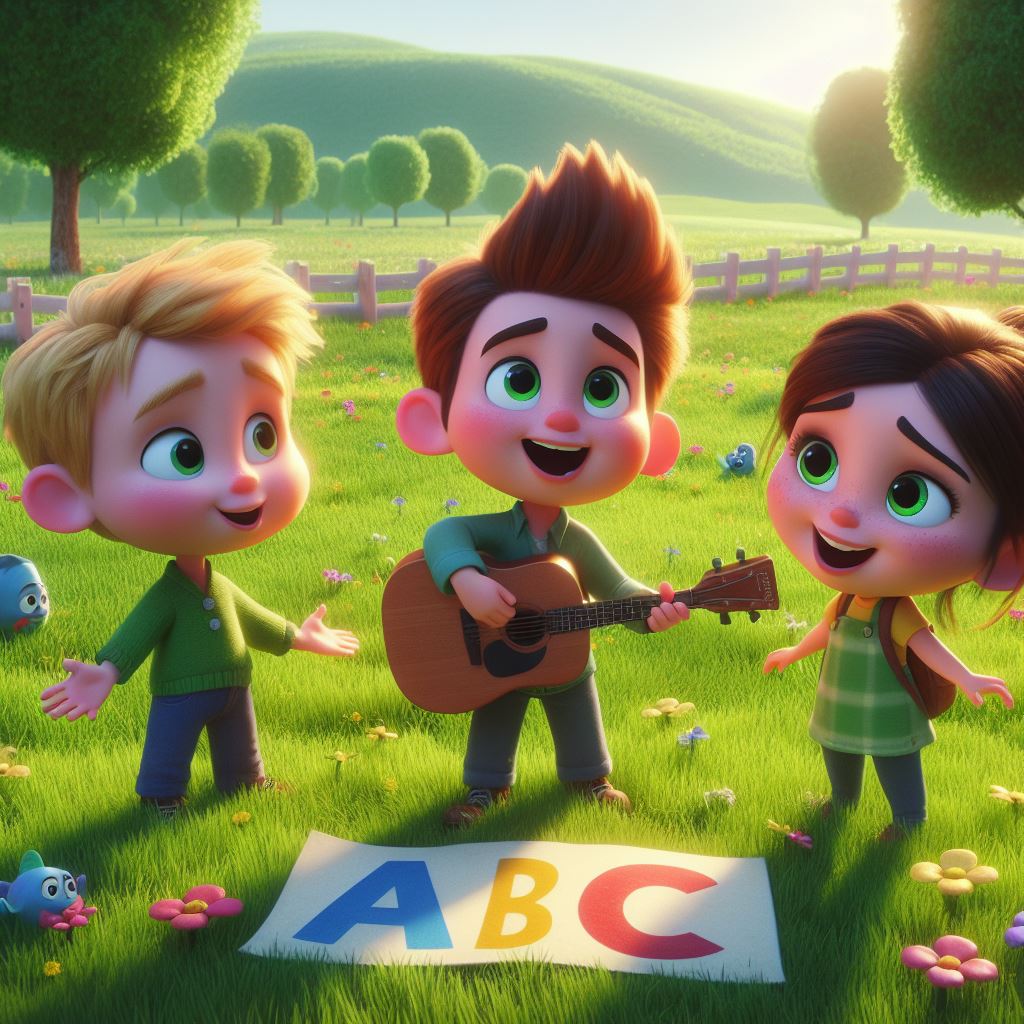 three friends singing ABC song in a green field