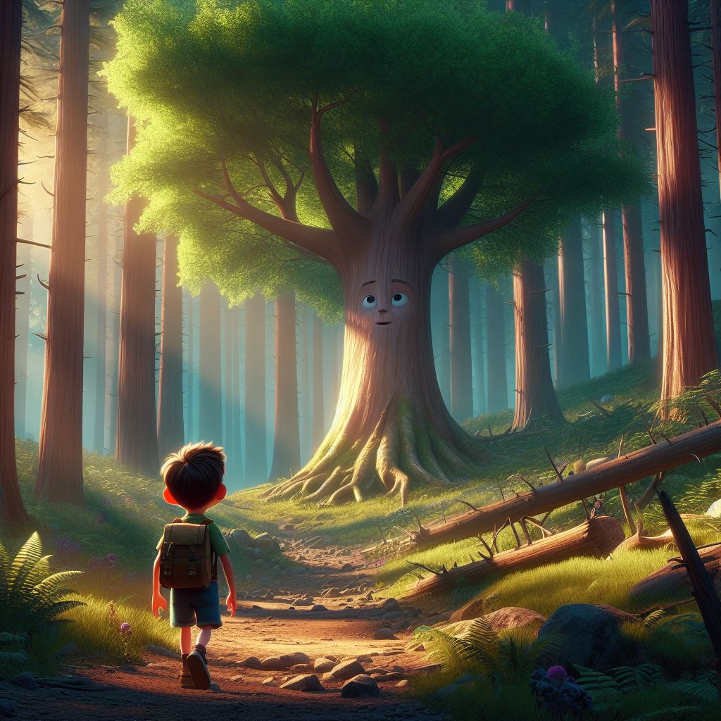 a boy walking in a forest, a talking tree is also in the forest