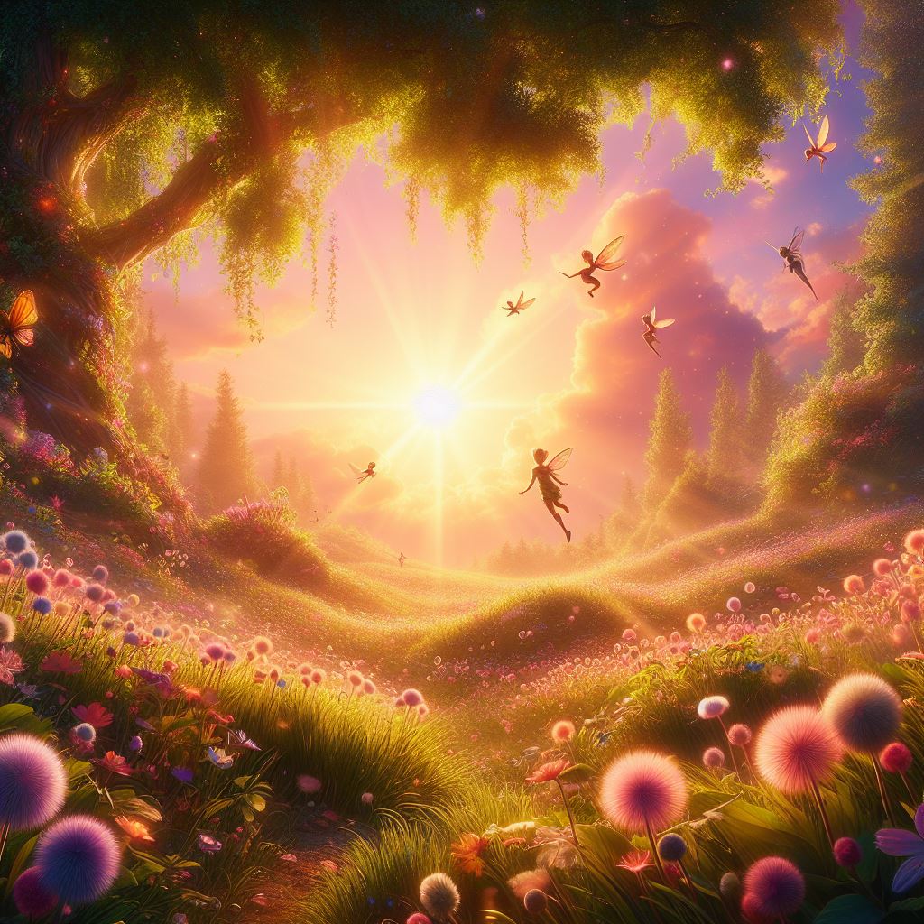 enchanted garden with the sun always shone brightly, and the sky was painted with the most beautiful colors. The grass was so soft that it felt like walking on fluffy clouds, a group of tiny fairies flying around