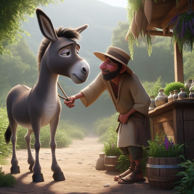 a sad donkey with a herb seller