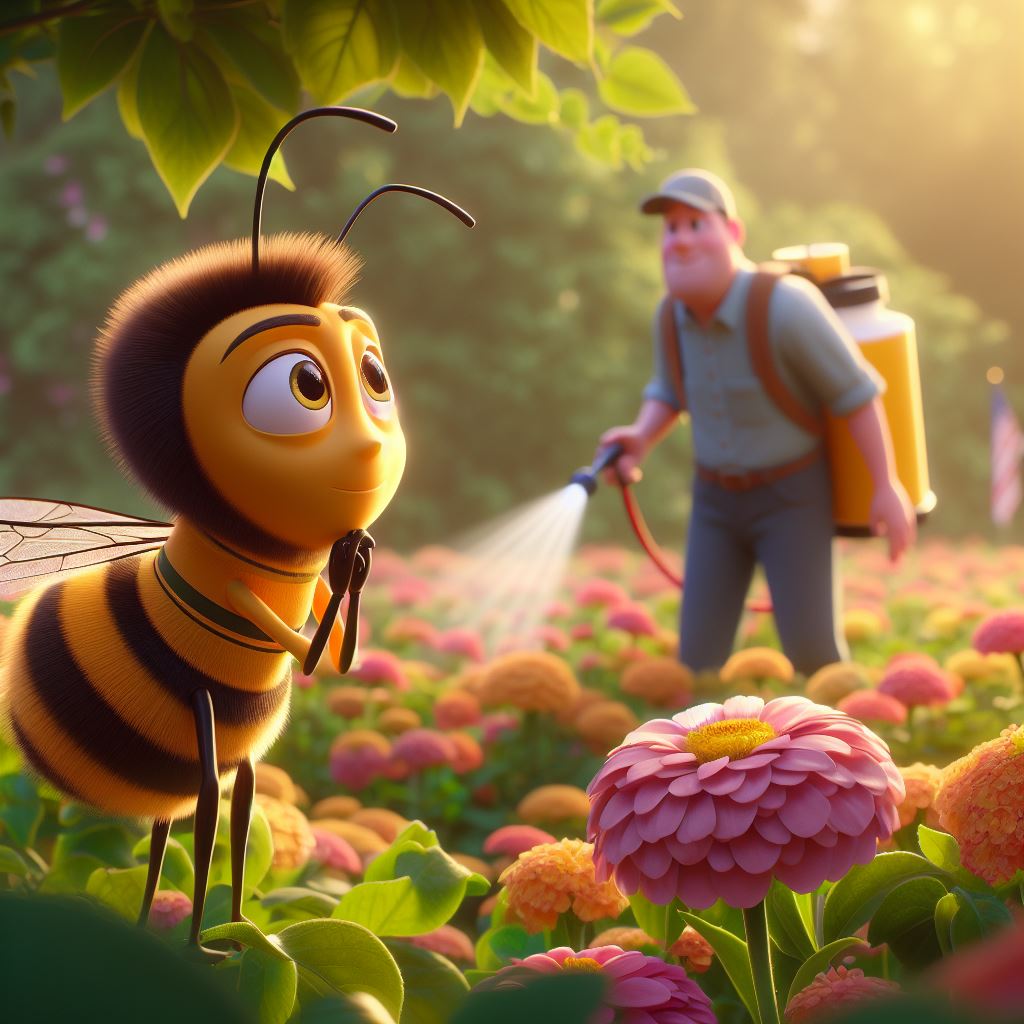 a sad bee is looking at a man from far, the man spraying fertilizer on flowers