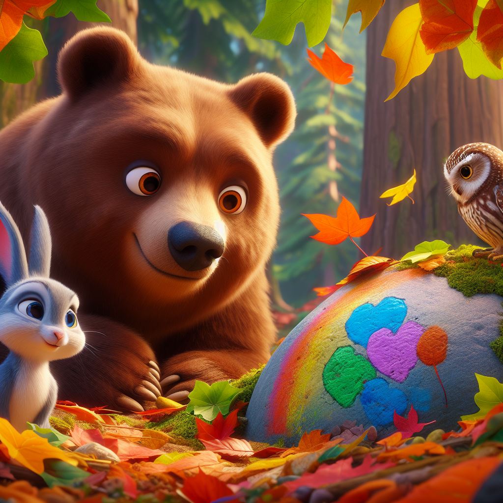 a playful bear looking at a painted rock half buried under a pile of colorful leaves. a rabbit, a squirrel, and a owl is also looking at the painted rock