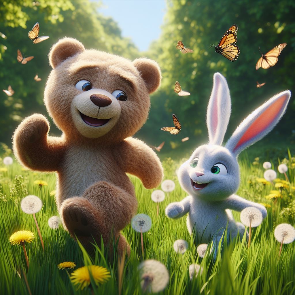 a teddy bear and a stuffed rabbit scampered through the lush green grass, giggling as they chased butterflies and danced with dandelions