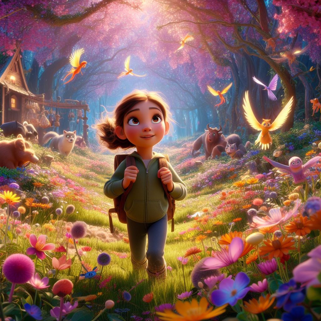 a magical realm where fairies danced, talking animals roamed freely, and flowers bloomed in every color imaginable. a girl aged 5 with a backback roaming in that place
