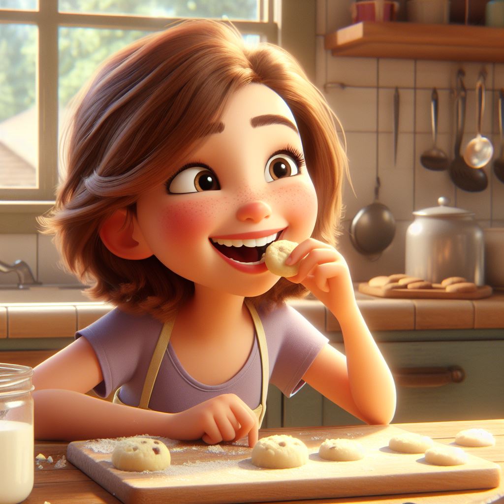 young girl eating a cookie and laughing in a kitchen