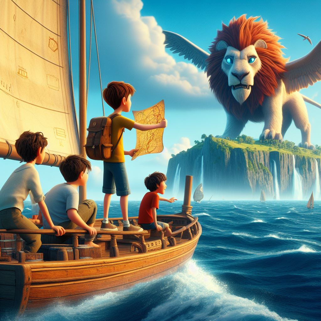 few boys sailing on a small ship, one boy aged 12 has a map on his hand, a island is visible far from their boat, A massive creature half lion and half eagle is visible flying on that island