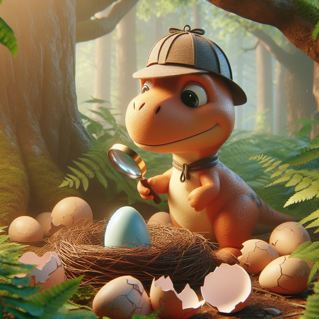 in a forest, a cute dino with a detective hat and a magnifying glass in hand standing near an empty nest with some eggshells around no egg on the nest