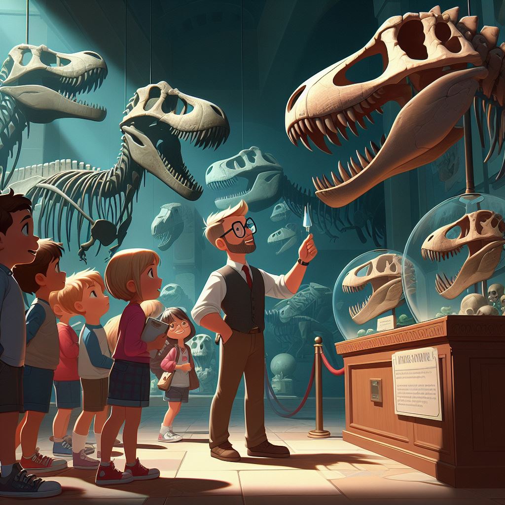 a museum of dinosaurs skulls, young kids visiting the museum and a man wearing glass indicating a t rex skull as a guide