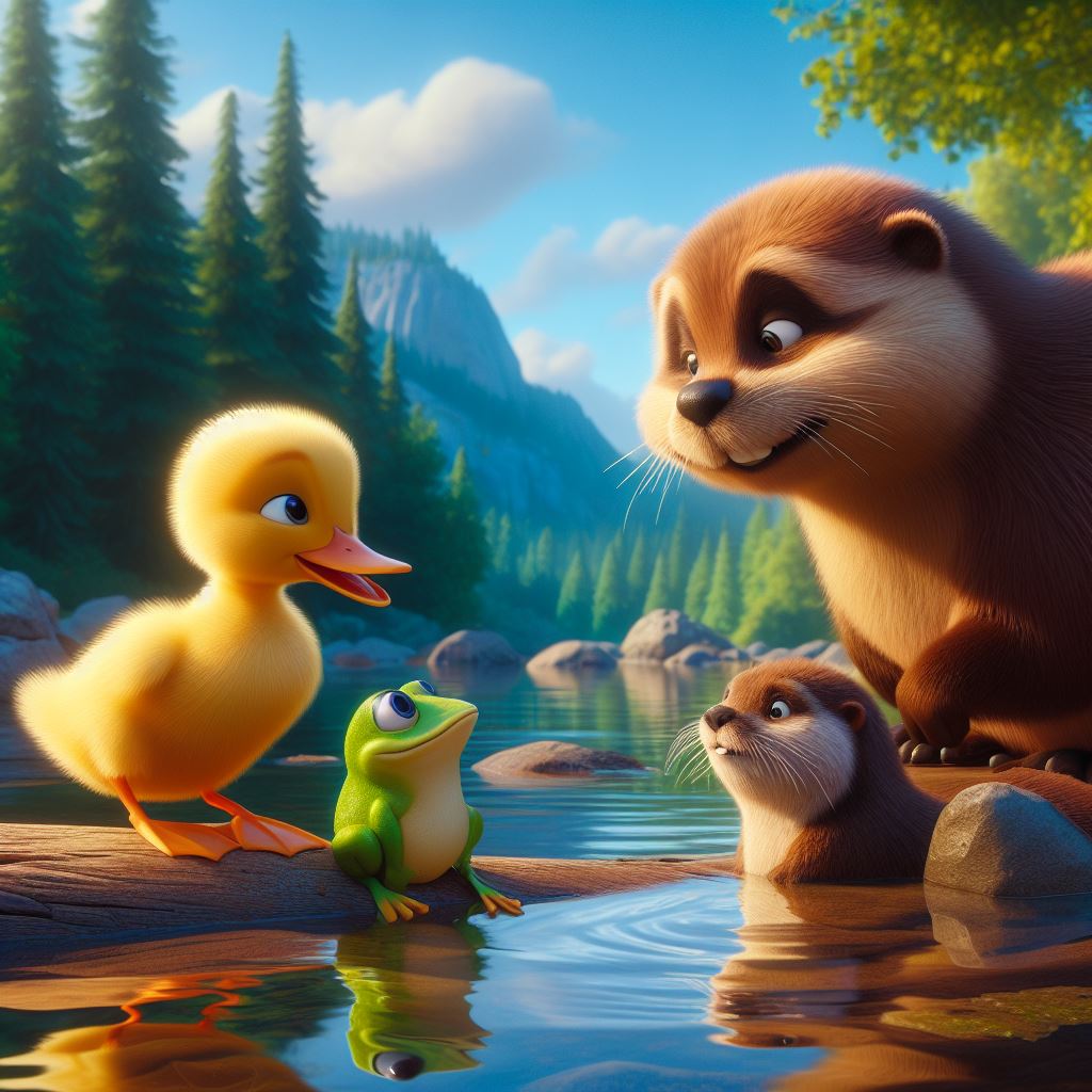 a duckling, a beaver, an otter, and a frog discussing something near a river