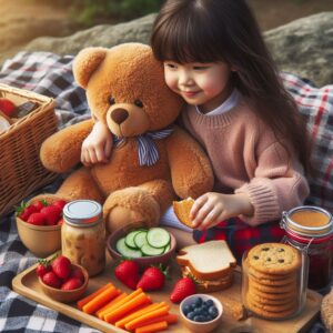 a little girl having picnic with her teddy bear with peanut butter and jelly sandwiches, crunchy carrot sticks, juicy strawberries, and homemade chocolate chip cookies