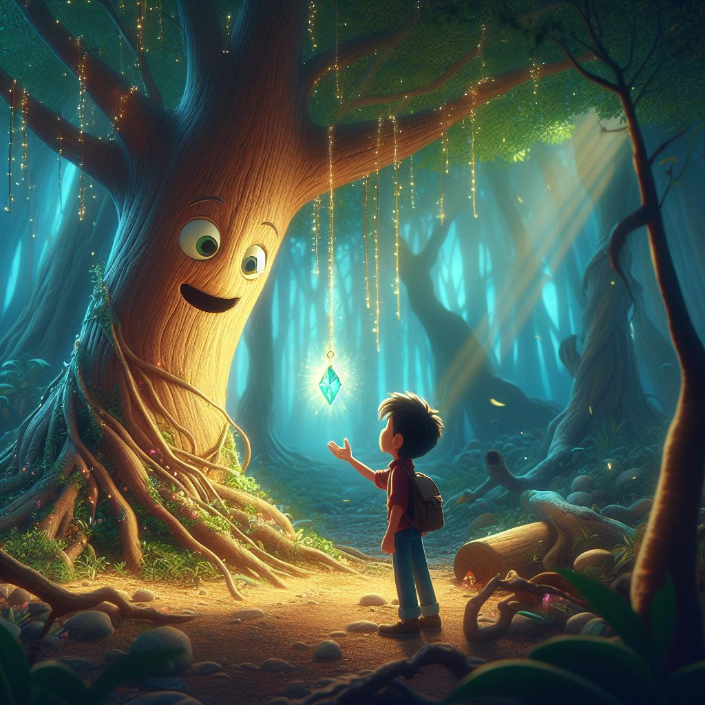 a boy found a talking tree in a forest, the tree is giving a shimmering pendant