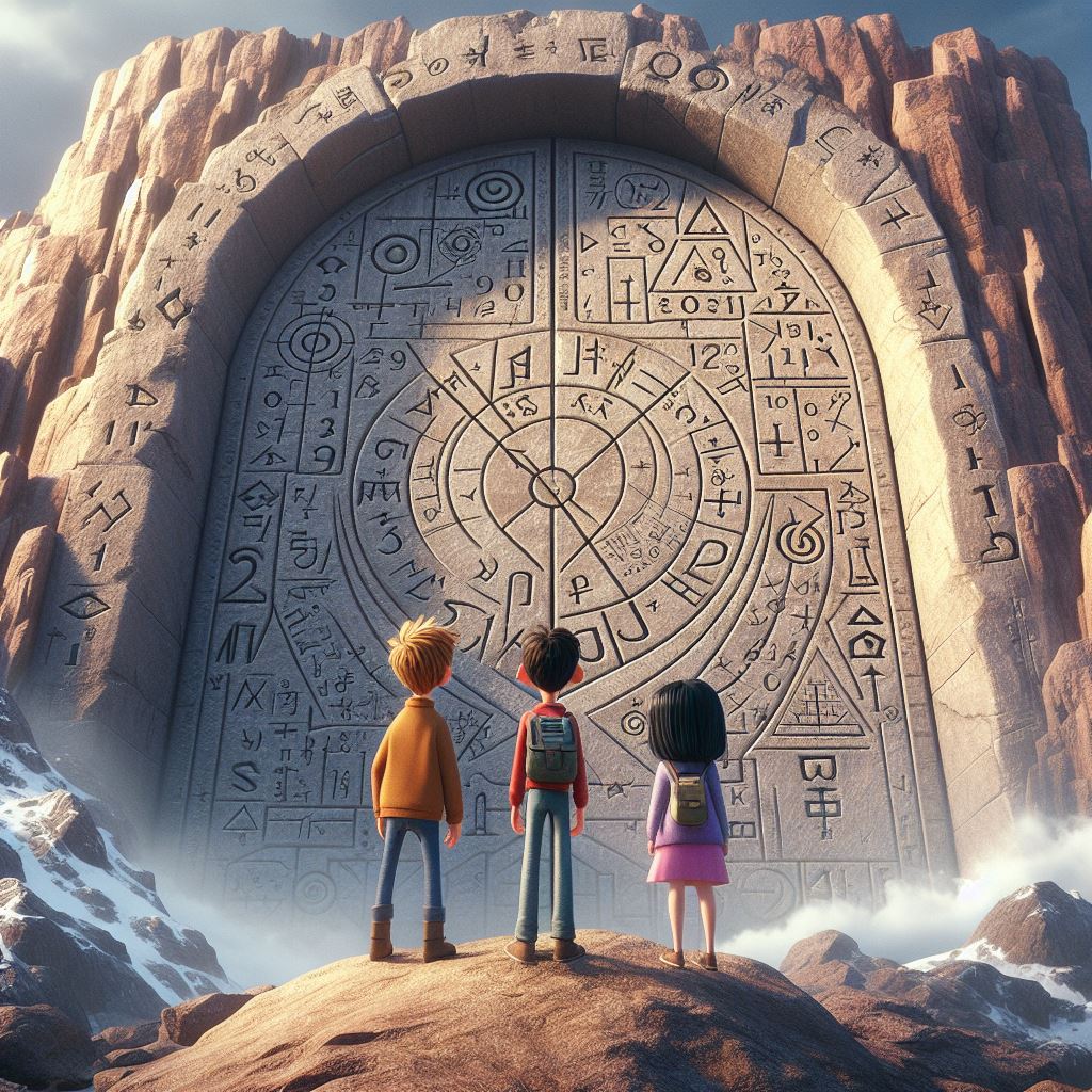 on a mountain, a giant door carved into the rock, adorned with intricate mathematical symbols. three friends (two boys and one girl) standing infront of the door