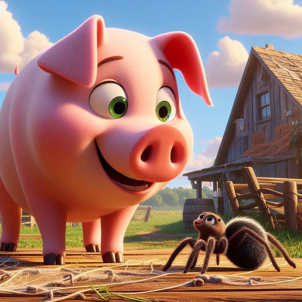 a pig and a spider as friends in a farm