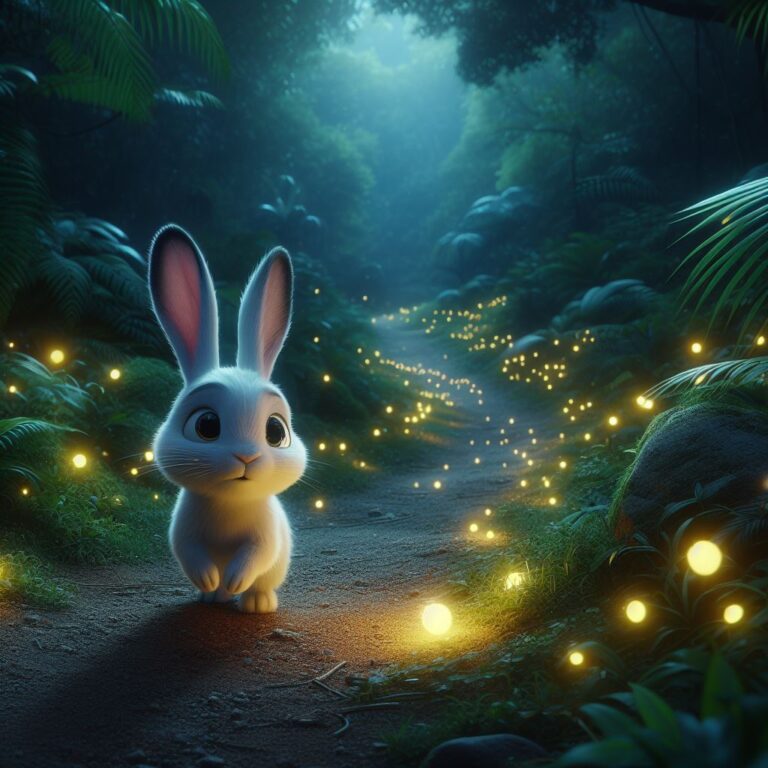 a bunny roaming the jungle path and the soft glow of fireflies lighting his path at night