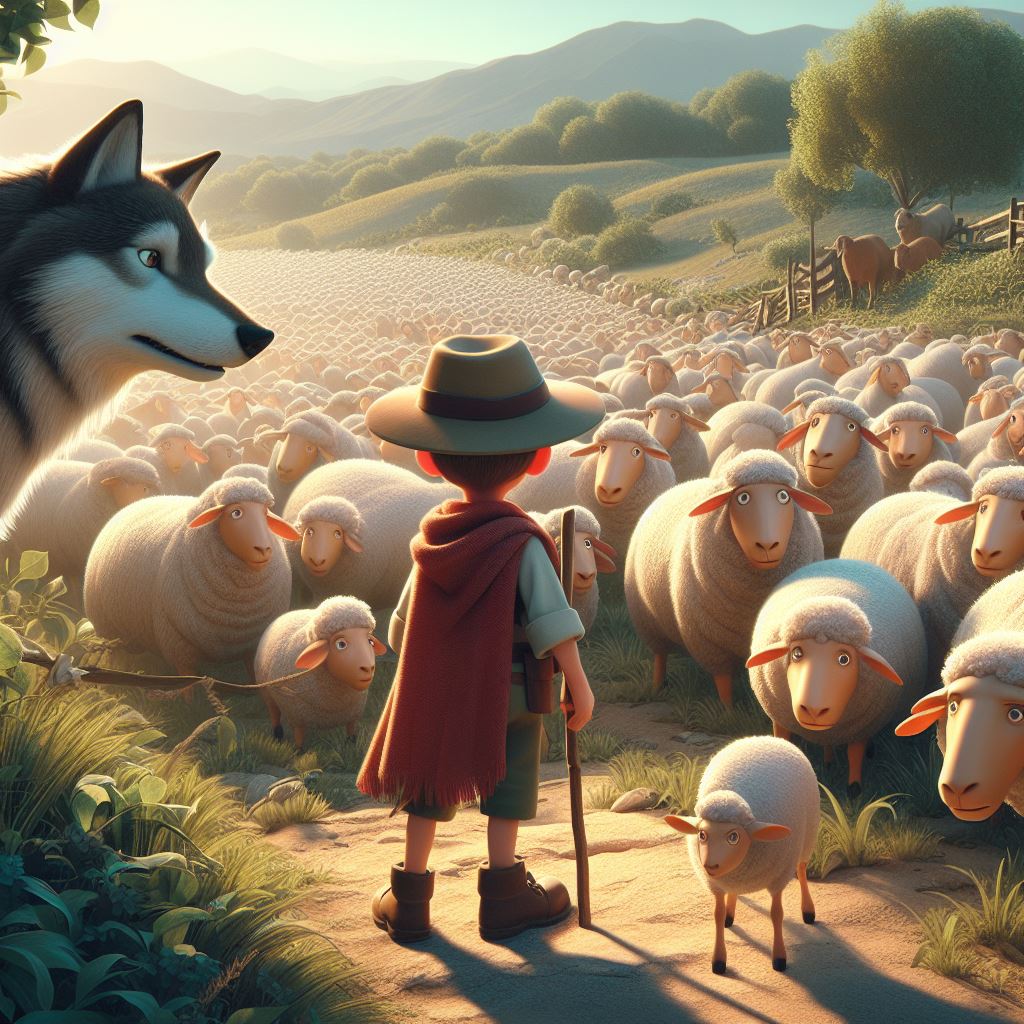 a shepherd boy is watching his flock of sheep, but suddenly saw a wolf