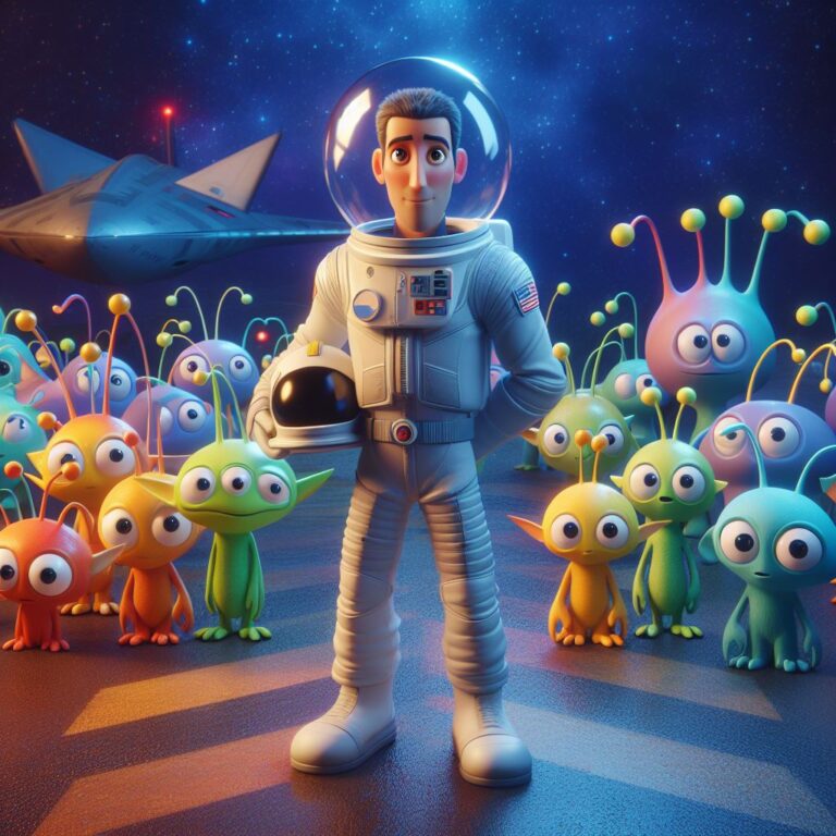 a spaceship captain standing with a colorful array of alien creatures with big, curious eyes and wiggly antennas