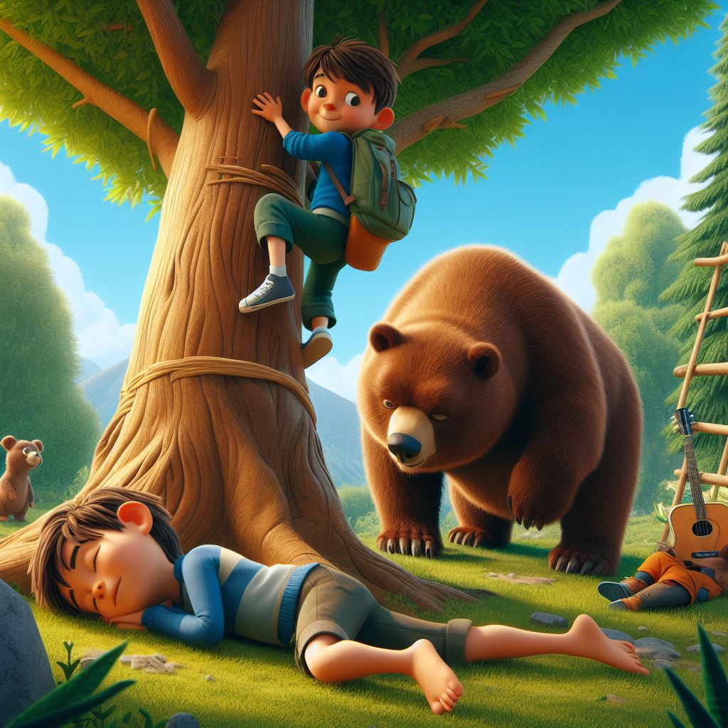 a boy climbing on the tree & another boy lying on the ground like sleeping. a bear sniffing the boy lying on the ground