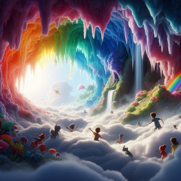 in a cloud kingdom, kids playing hiding and seek and found mysterious cave hidden behind a waterfall of rainbow mist