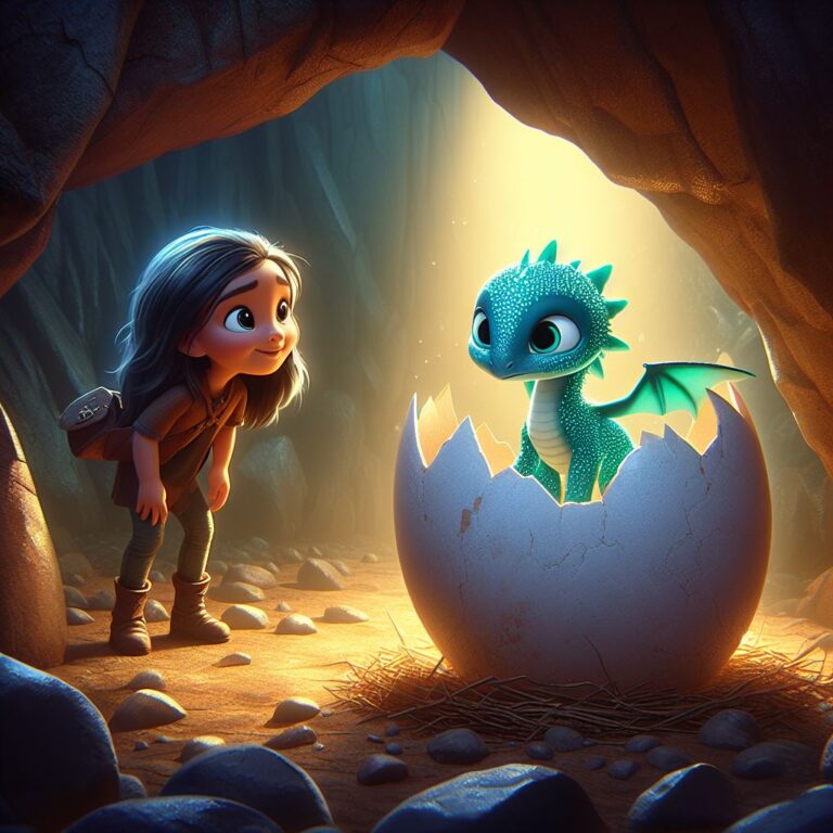a girl in cave, found a big egg, the egg cracked open, revealing a tiny dragon hatchling with sparkling emerald scales