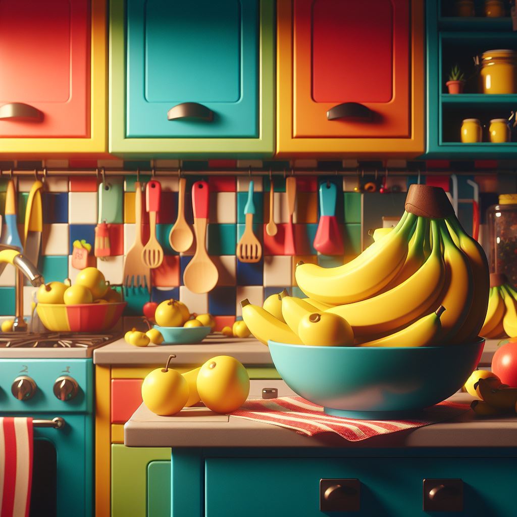 in a colorful kitchen, some banana kept in a bowl