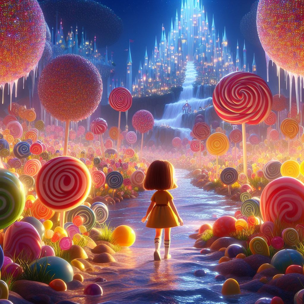 a girl wondering in a kingdom where towering lollipop trees, sparkling gumdrop bushes, and rivers of flowing chocolate