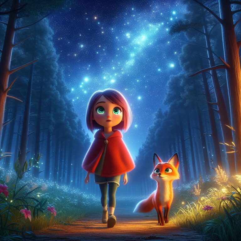 a girl with sparkling eyes walking in the forest at night with sky full of stars, a fox is guiding the path