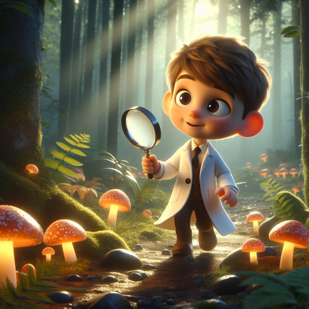 a boy in white coat as scientist and a magnifying glass in hand, walking on a forest. some glowing mashrooms is near the boy