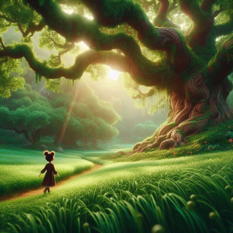 in a magical garden, a secluded corner where a gnarled old oak tree stood sentinel. Beneath the tree, a carpet of emerald grass stretched out. a little girl in the middle of that garden,