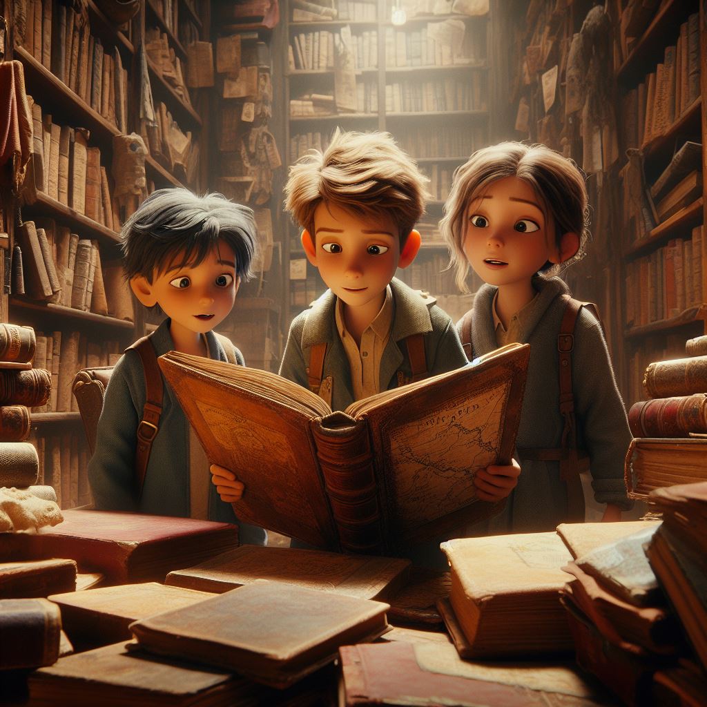 inside old bookstore, three friends (two boys and one girl) looking at dusty, leather-bound book with a faded map inside