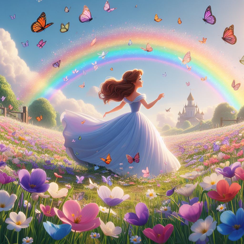 a princess walking through the fields of blooming flowers, a group of butterflies dancing around a rainbow