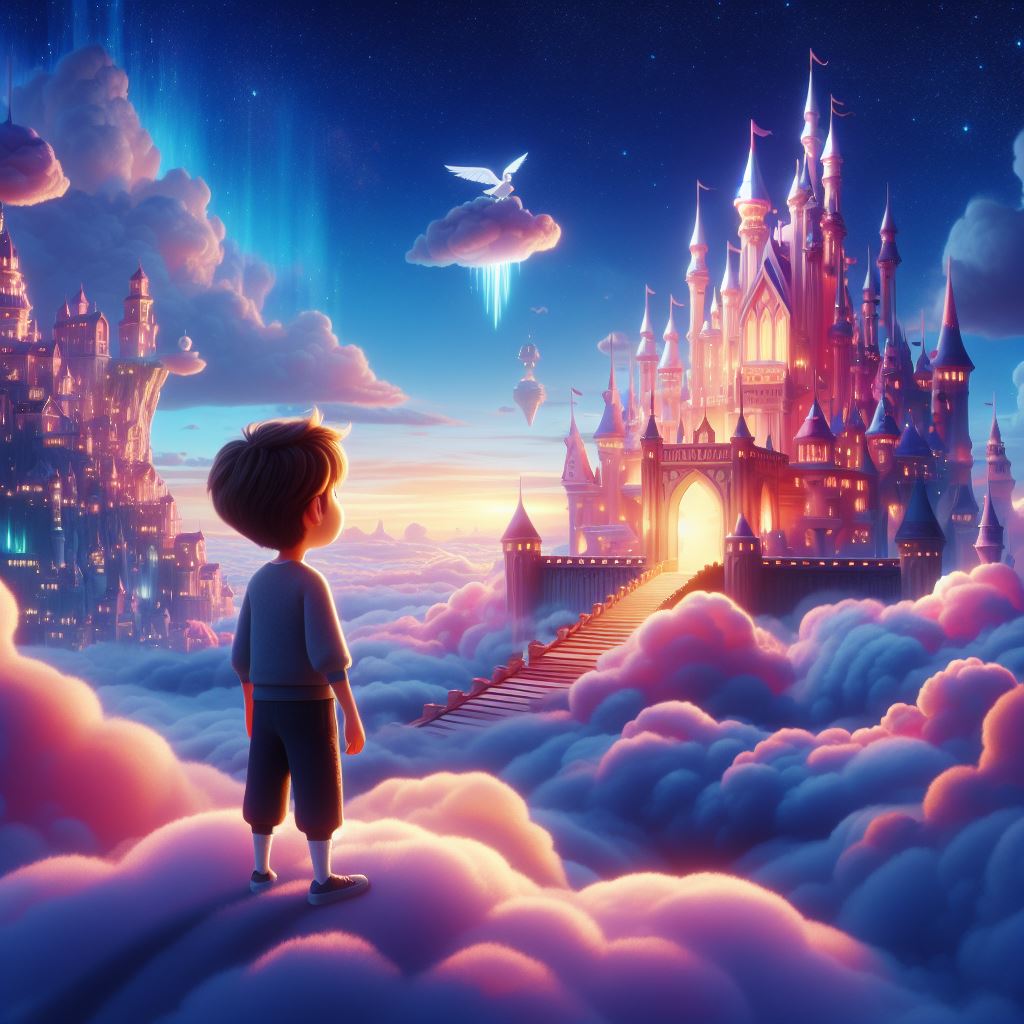 Cloud Kingdom, magical place filled with floating castles and vibrant colors, a boy standing on the cloud infront of a castle there