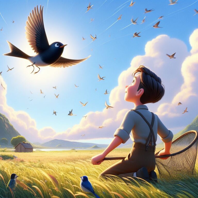 a Beautyful small black bird flying in the sky, and a man standing with net on the ground looking up