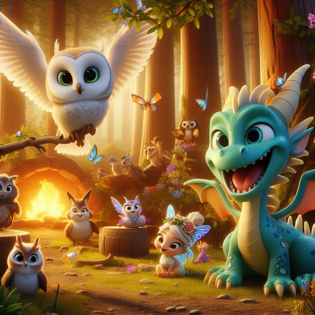 a cute dragon is roaring, a wise owl playful fairies, mischievous sprites, and friendly woodland creatures are in the background in a enchanted forest
