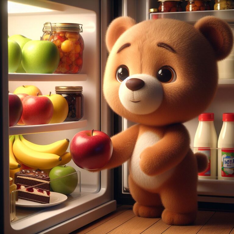 a cute teddy bear open a refrigerator and see juicy apples, ripe bananas, and even a slice of chocolate cake, jam and cartons of milk
