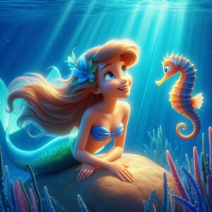 a little mermaid had shimmering scales as blue as the deepest sea and long flowing hair as golden as the sun, in the deep ocean talking with a seahorse