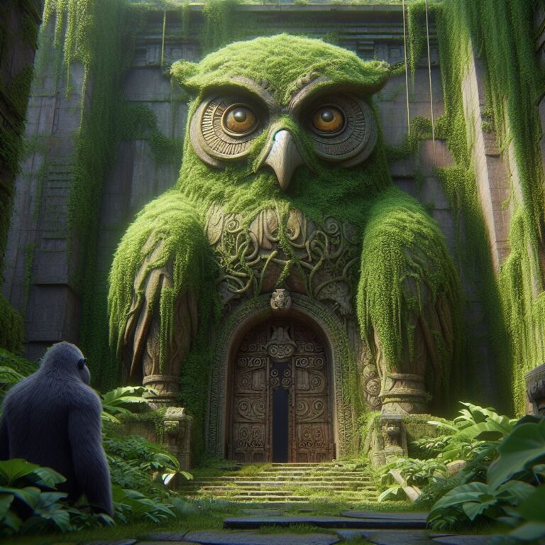 an ancient temple covered in thick vines. The entrance was guarded by a peculiar statue of a wise old owl, a gorilla is looking at the gate