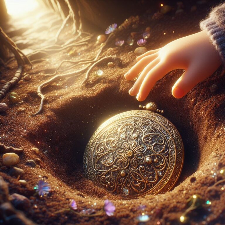 a girl aged 6 found a mysterious locket half-buried in the soft earth. The locket was adorned with intricate designs and shimmered in the sunlight,