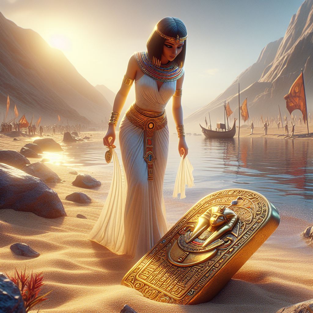cleopatra walking beside the Nile river, stumbled upon a mysterious ancient artifact buried in the sand. It was a golden amulet with intricate hieroglyphics carved into it