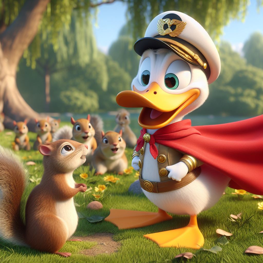 a duck names captain quack, he has a shiny golden helmet and a red cape that fluttered in the wind, he found a group of squirrels chattering away in distress near a garden
