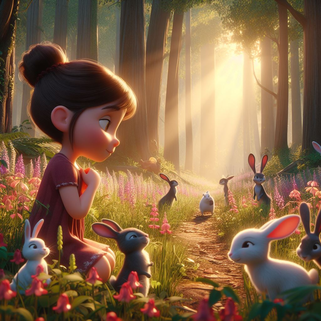 a girl aged 5 walking alone in a forest filled with flowers, a group of rabbits playing around, the girl started talking with the rabbits