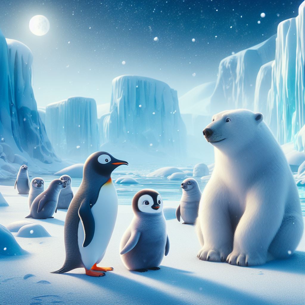 in frosty Antarctica, a penguin standing with seals, and polar bear