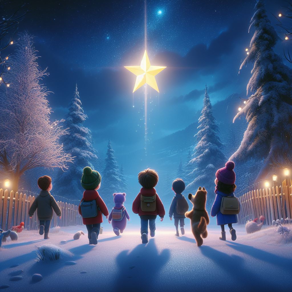 Children following a bright star to find a special gift