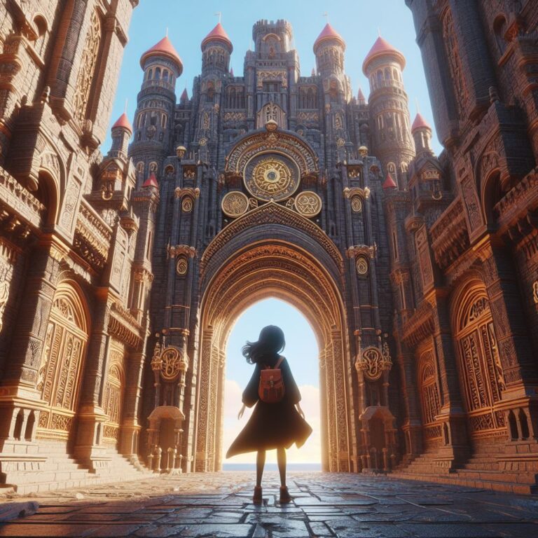a girl standing before the towering gates of the castle of ancient city