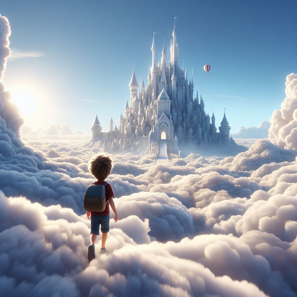 the boy is walking on the cloud looking at a giant castle on the cloud