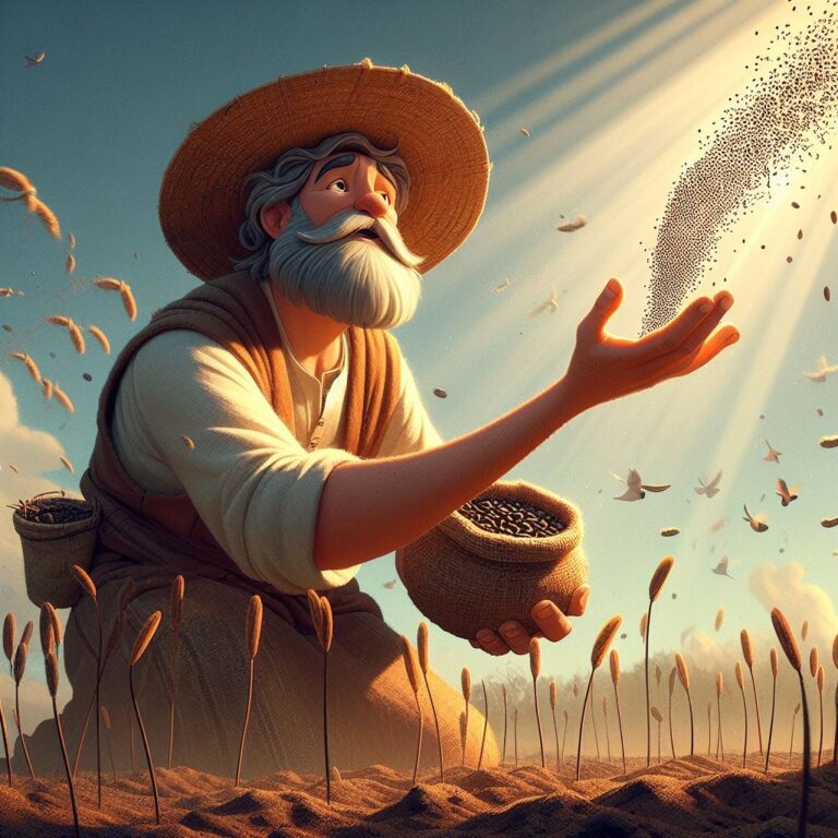 A farmer spreading seeds in soil, Bible Story