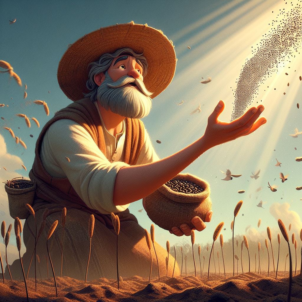 A farmer spreading seeds in soil, Bible Story