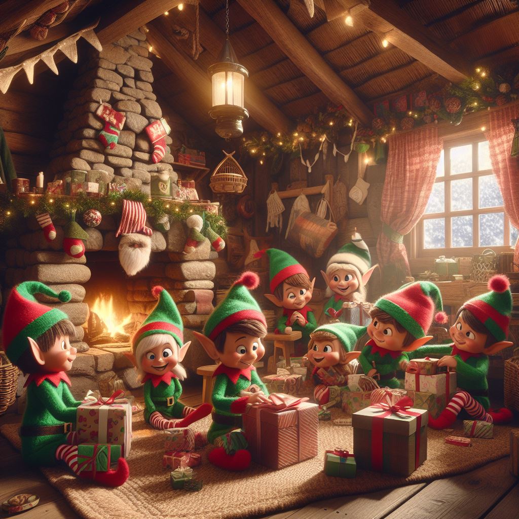 inside the cozy cottage, a group of mischievous elves was busy unwrapping the missing presents and giggling with glee