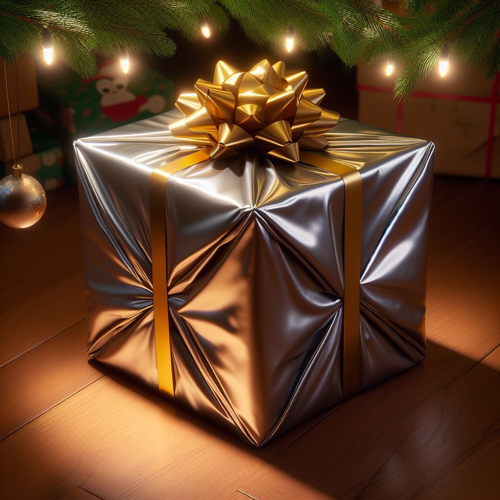 a peculiar package tucked behind the Christmas tree. It was wrapped in shiny paper and tied with a golden ribbon